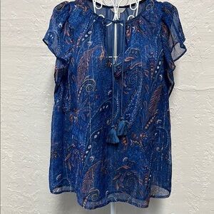 Lucky Brand Blue Flutter Sleeve Tassel Tie Front Silver Thread Blouse SZ L